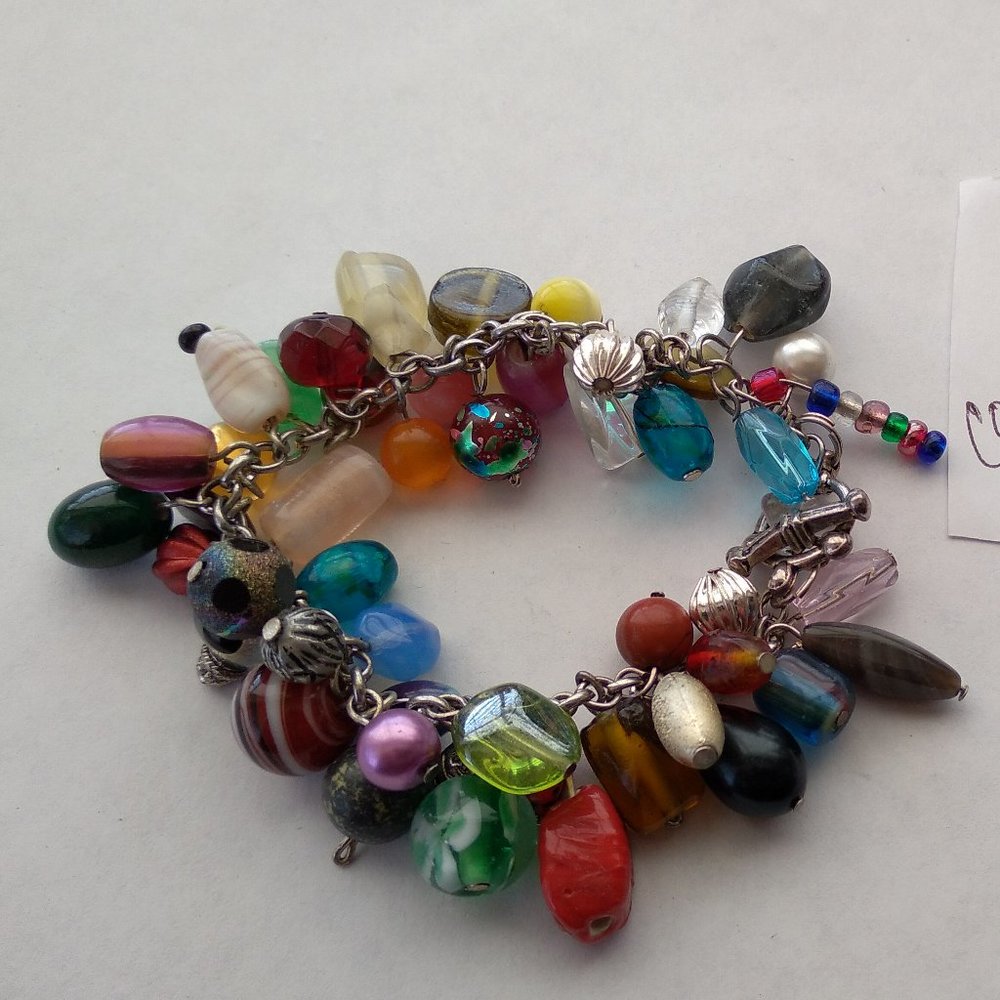 Vintage early america boho mix beads and balls with charms silver tone chain